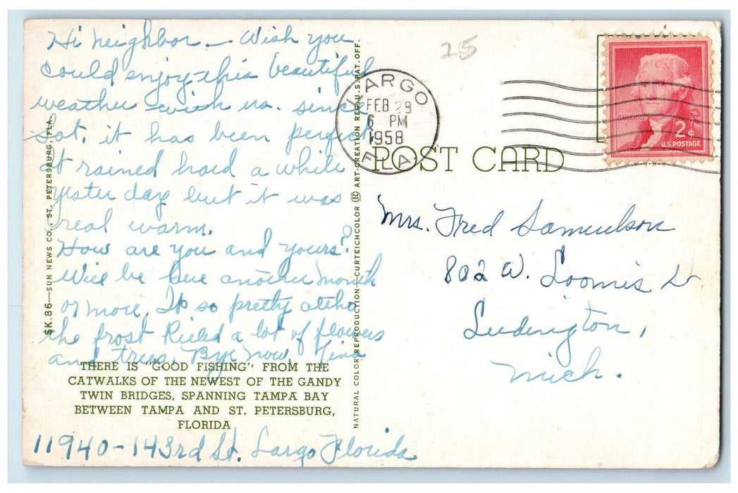 1958 Good Fishing Catwalks of Gandy Twin Bridges St. Petersburg FL Postcard