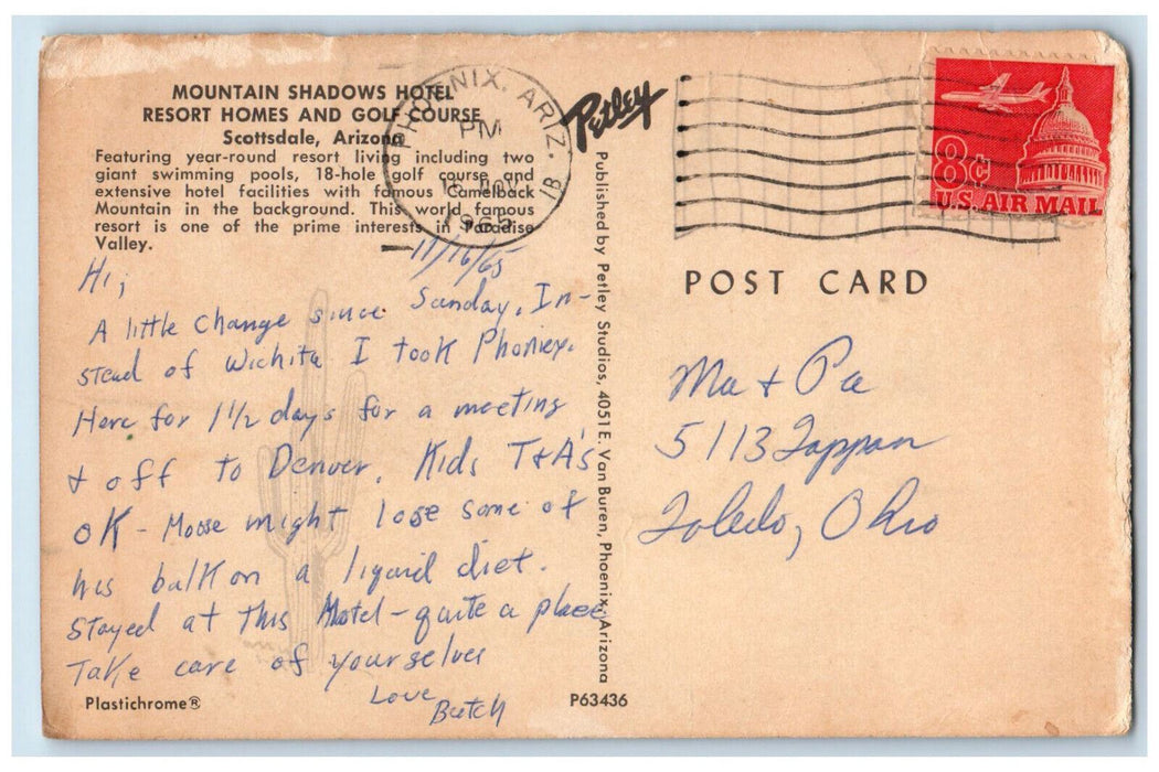 1965 Air View Mountain Shadows Hotel Resort Golf Course Scottsdale AZ Postcard