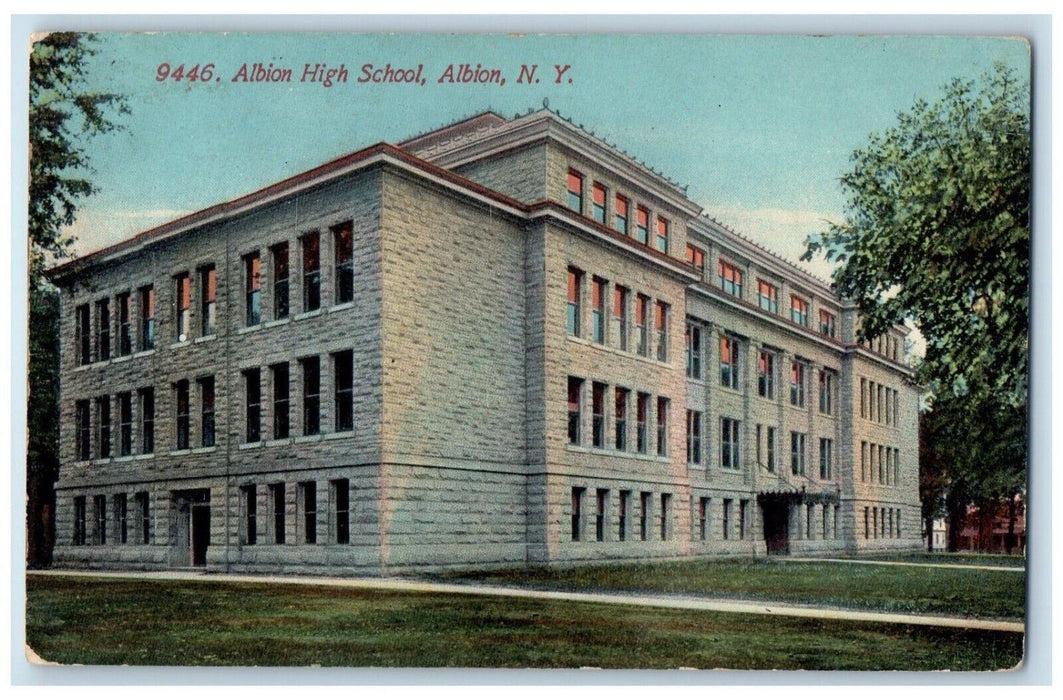 1917 Albion High School Academy Building Exterior Path Albion New York Postcard