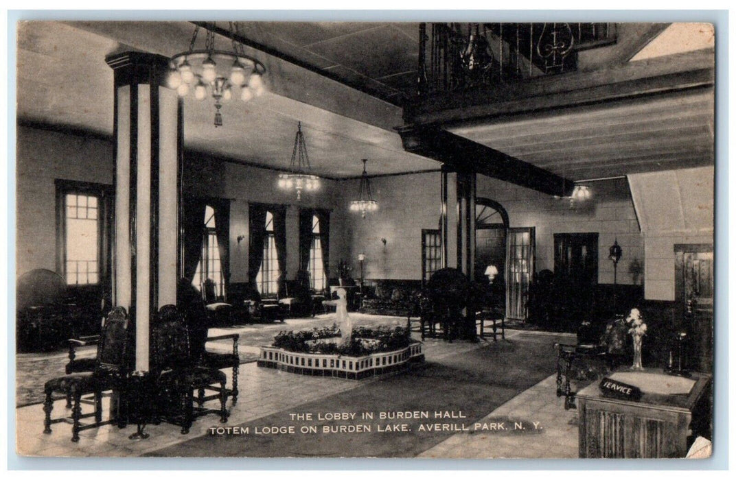 c1940 Lobby Burden Hall Totem Lodge Burden Lake Averill Park NY Artvue Postcard