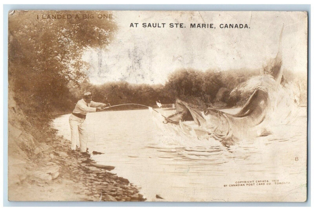 1930 Exaggerated Fish Fishing Sault Ste. Marie Canada RPPC Photo Postcard