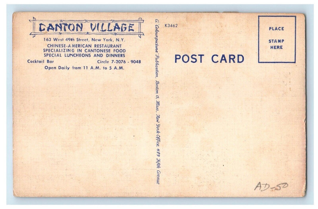 c1940's Canton Village Chinese American Restaurant Interior NY City Postcard
