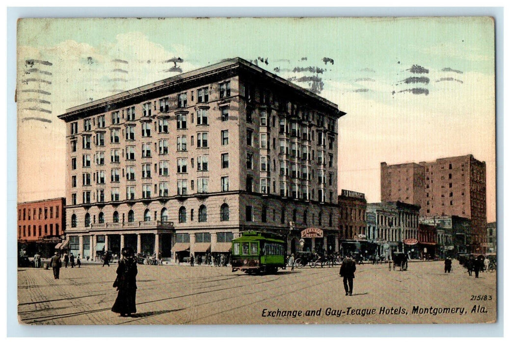 1912 Exchange and Gay Teague Hotels Montgomery AL Streetcar Trolley Postcard