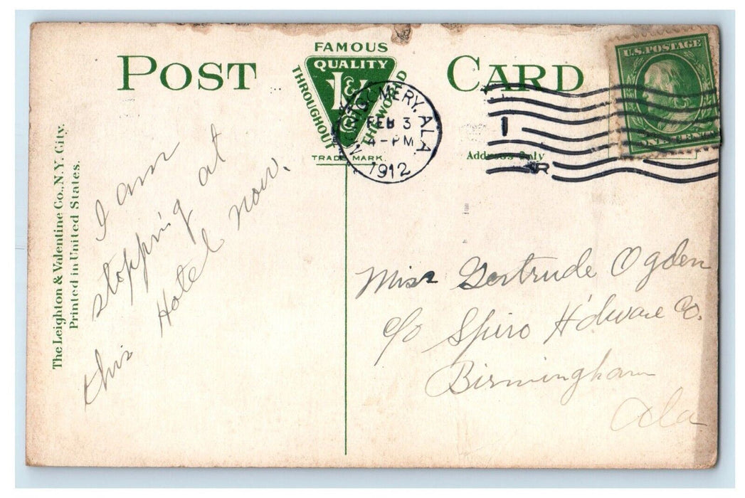 1912 Exchange and Gay Teague Hotels Montgomery AL Streetcar Trolley Postcard