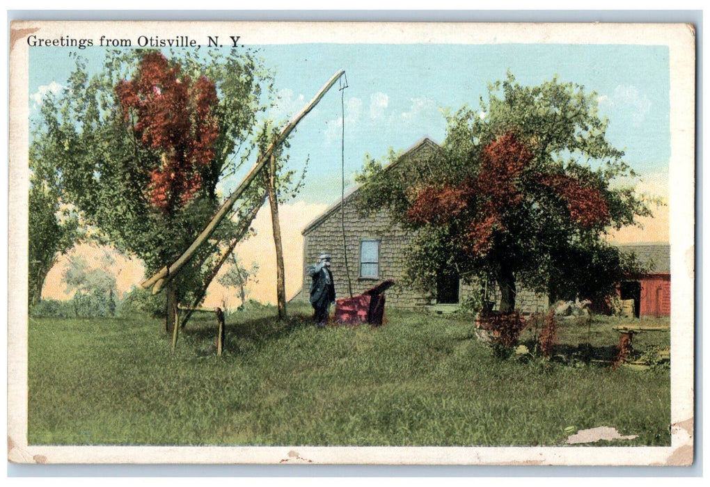 c1920's Home Getting Water from Well Greetings from Otisville NY Postcard