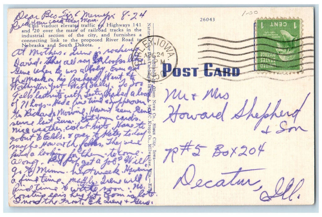 1950 Bridge at Grand Avenue Viaduct Sioux City Iowa IA Vintage Posted Postcard