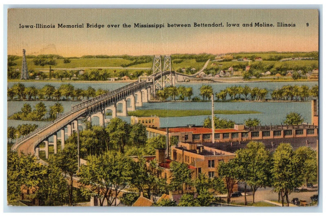 c1940's Iowa-Illinois Memorial Bridge Over Mississippi Moline IL Postcard