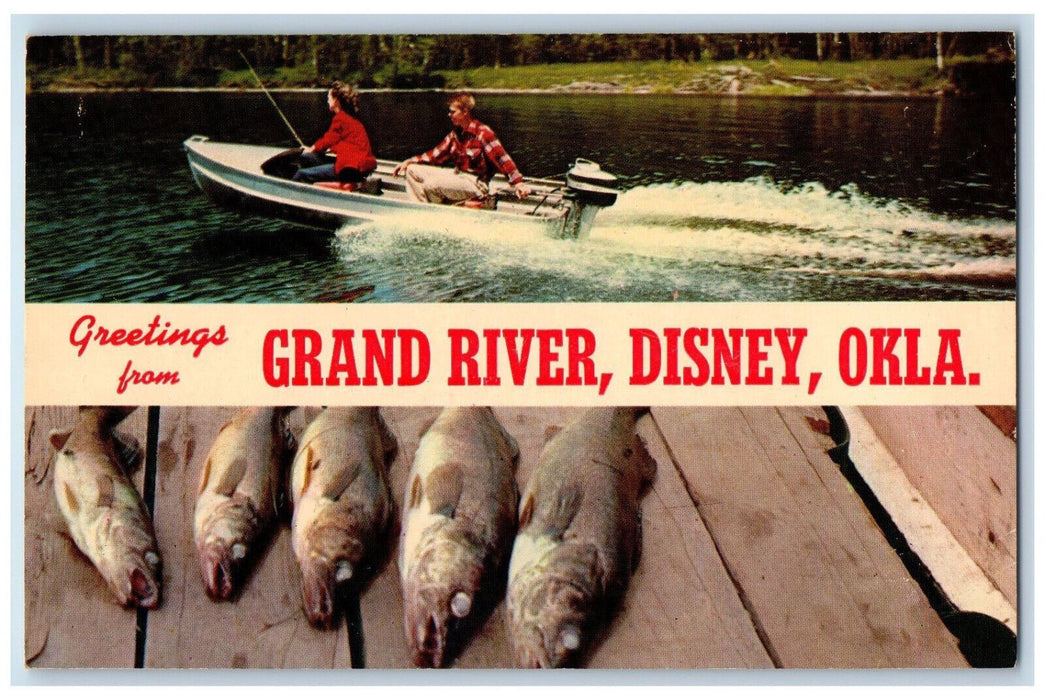 c1960's Caught Fish Motorboat Greetings from Grand River Disney OK Postcard