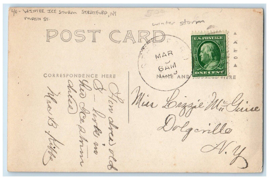 1909 Main Street View Winter Ice Storm Stratford New York NY RPPC Photo Postcard