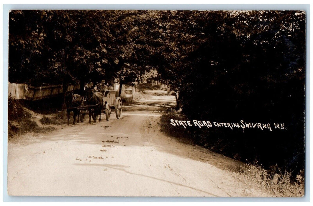 1910 State Road Entering Smyrna NY, Horse Wagon Dirt Road RPPC Photo Postcard