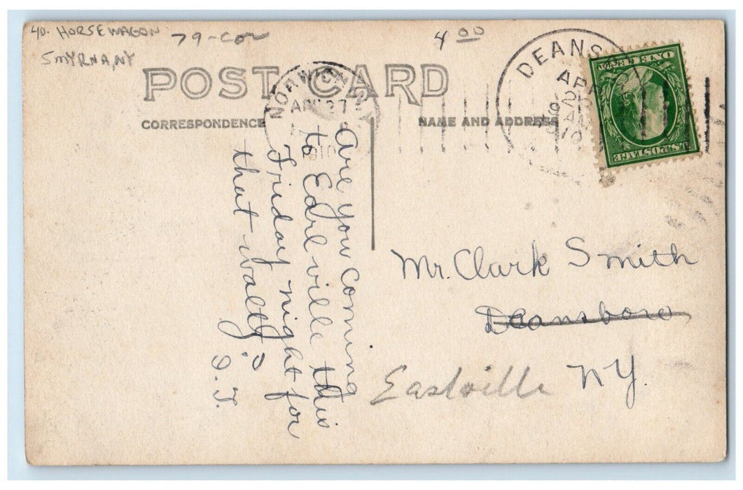 1910 State Road Entering Smyrna NY, Horse Wagon Dirt Road RPPC Photo Postcard