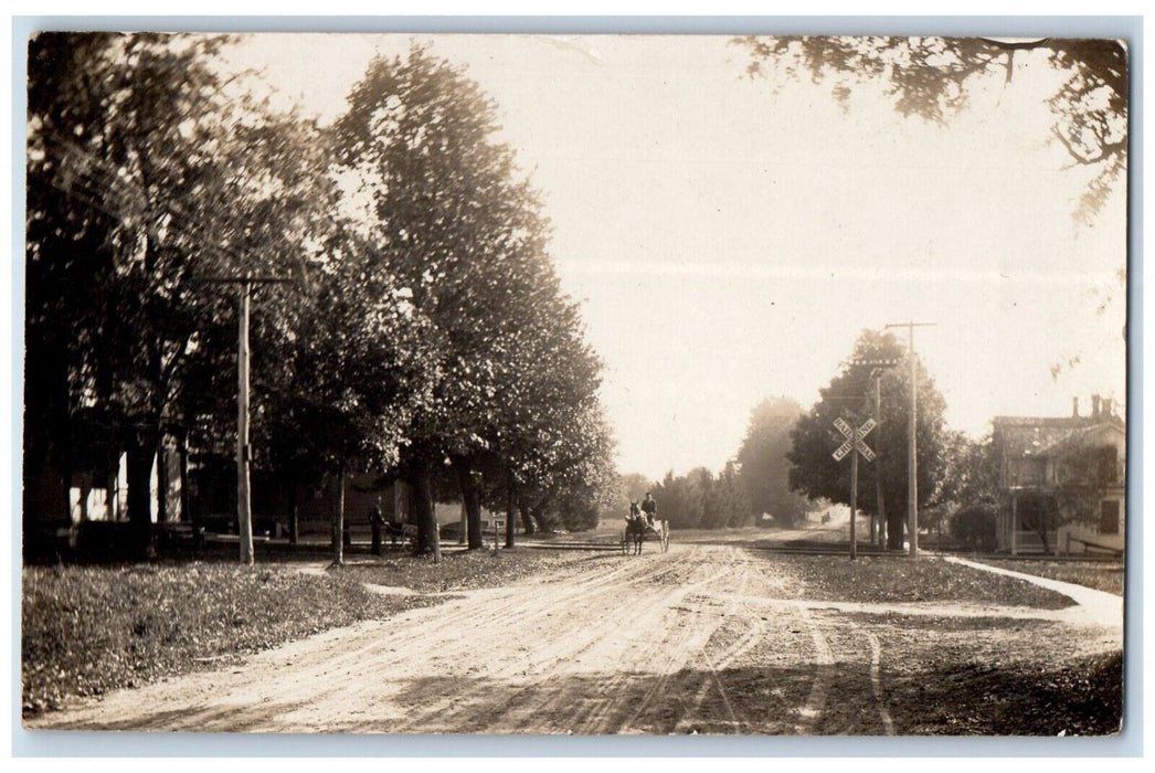 Seneca Castle NY, Railroad Crossing Dirt Road Horse Wagon RPPC Photo Postcard