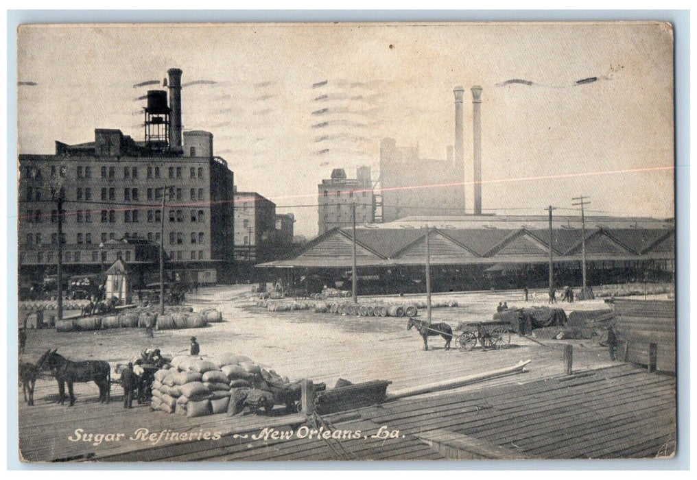 1907 Sugar Refineries Horse Wagon New Orleans Louisiana LA Antique Postcard