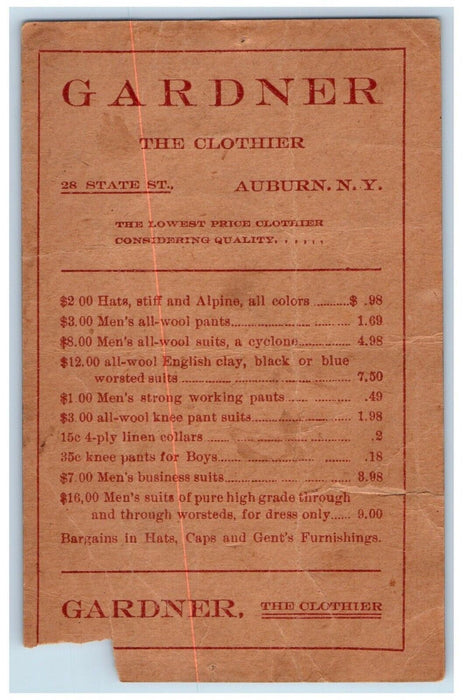 Gardner The Clothier Advertising Auburn New York NY Unposted Antique Postcard