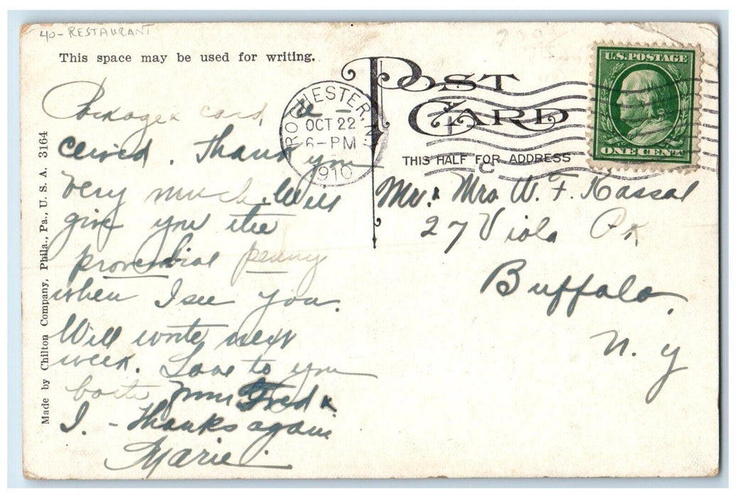 1910 The Odenbach Hofbrauhaus Restaurant Dining Room Rochester NY Postcard
