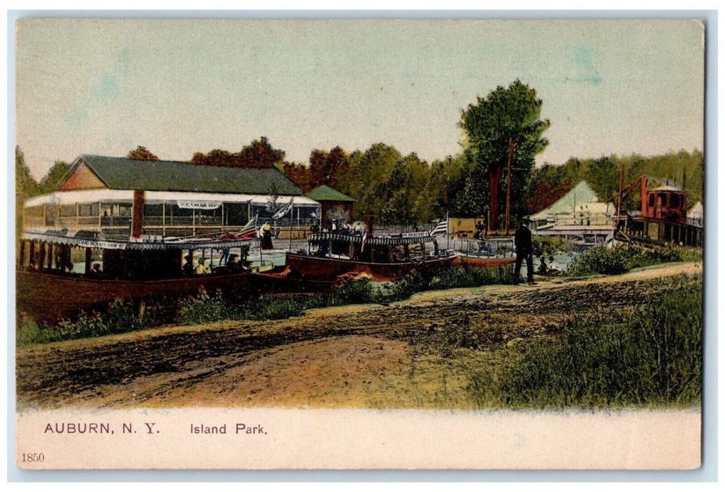 1908 Island Park Boat Ship River House Exterior Bridge Aubrun New York Postcard