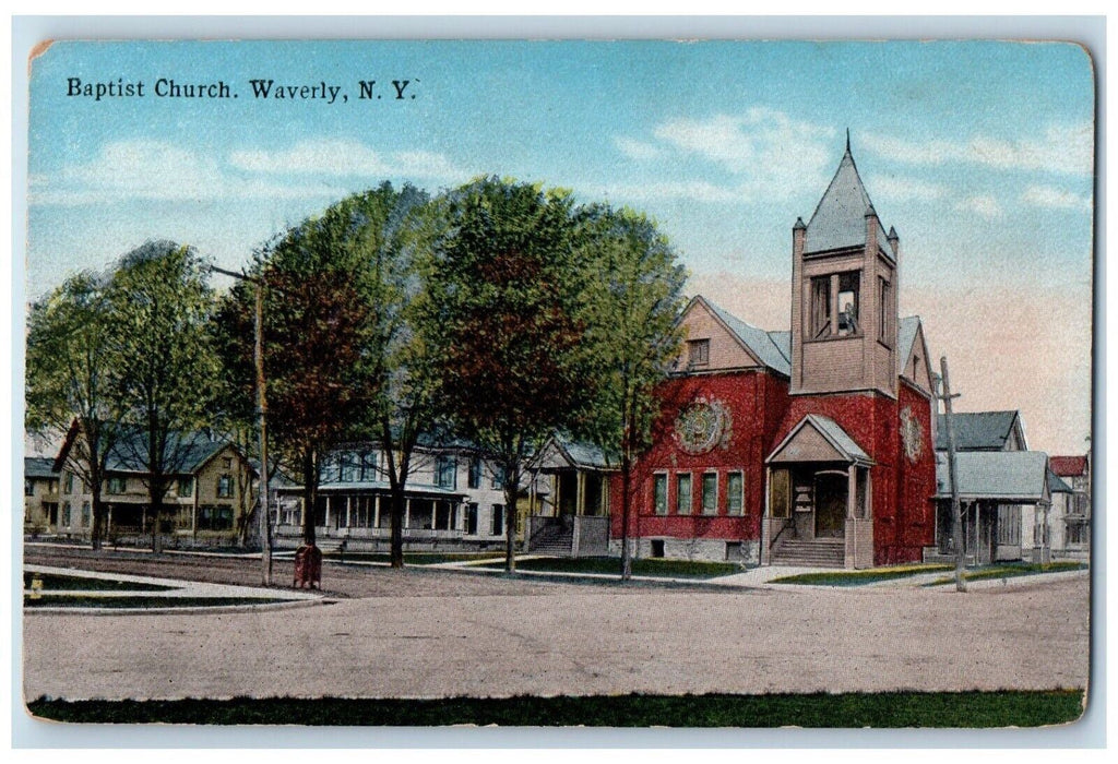 c1910 Baptist Church Chapel Exterior Street Building Waverly New York Postcard