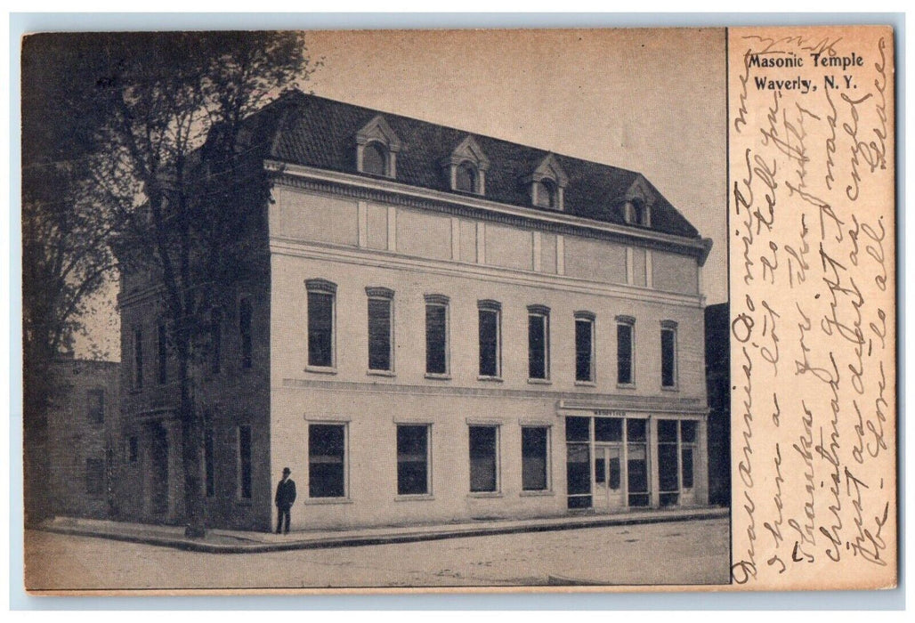 1909 Masonic Temple Building Exterior Street Waverly New York Antique Postcard