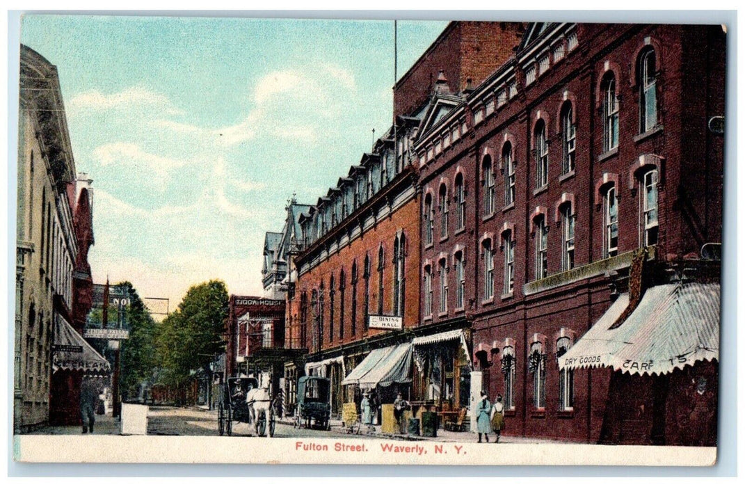 c1910 Fulton Street Building Exterior Horse Carriage Waverly New York Postcard