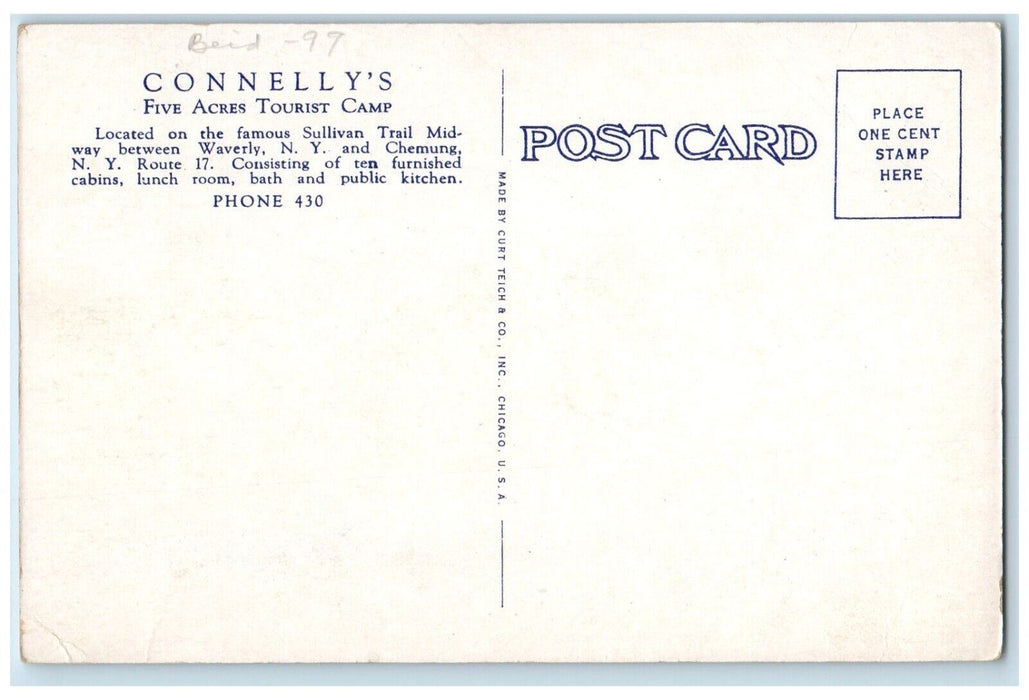 c1920 Connellys Five Acres Tourist Camp Sullivan Trail Waverly New York Postcard