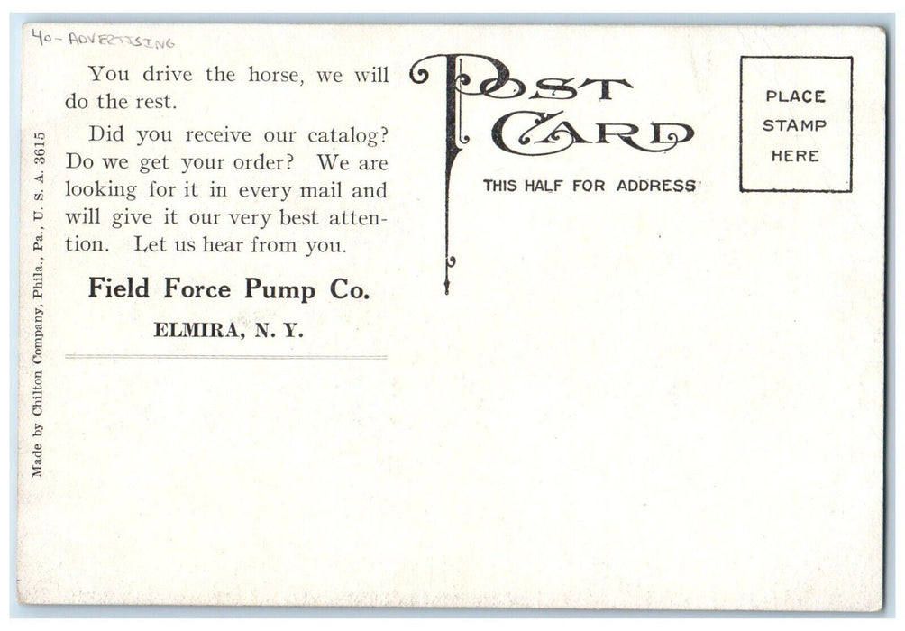 From Field Force Pump Co. Advertising Elmira New York NY Unposted Postcard