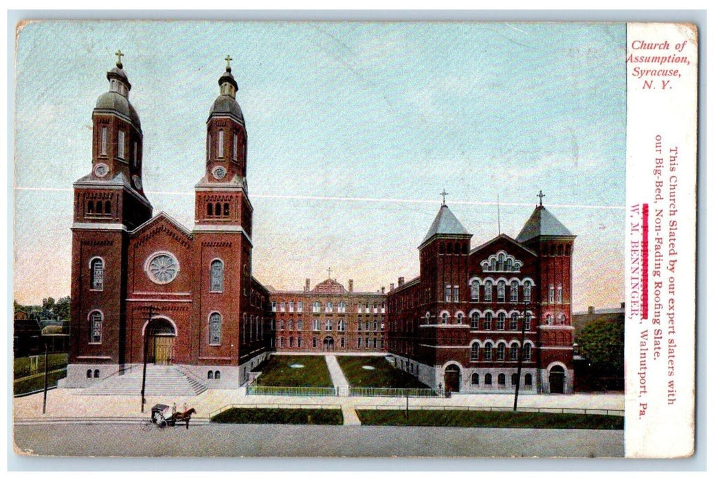 Church Of Assumption Street View Horse Buggy Advertising Syracuse NY Postcard