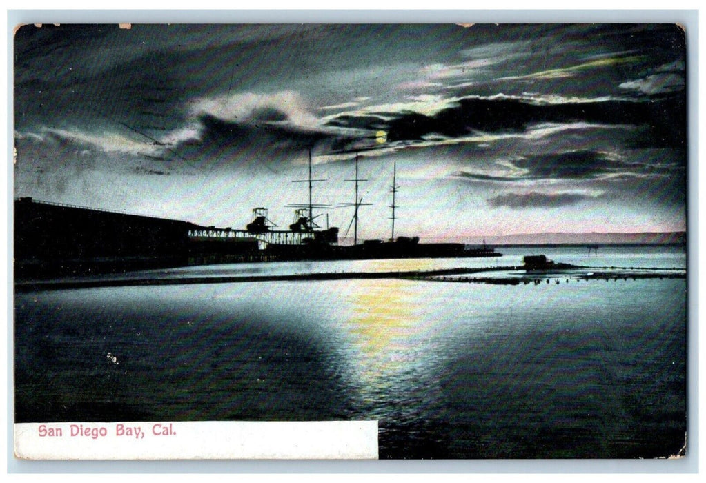 1907 San Diego Bay Night Moon Moonlight Reflection Ship California CA Postcard