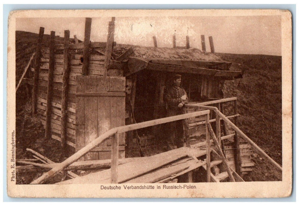 c1910's WWI German Army Soldier Hut Russian Poland Posted Antique Postcard