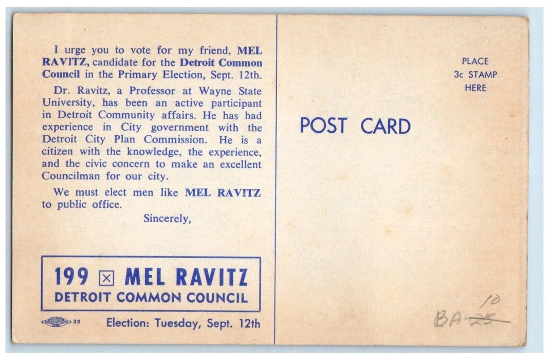 Elect Mel Ravitz Detroit Common Council Political Advertising Antique Postcard