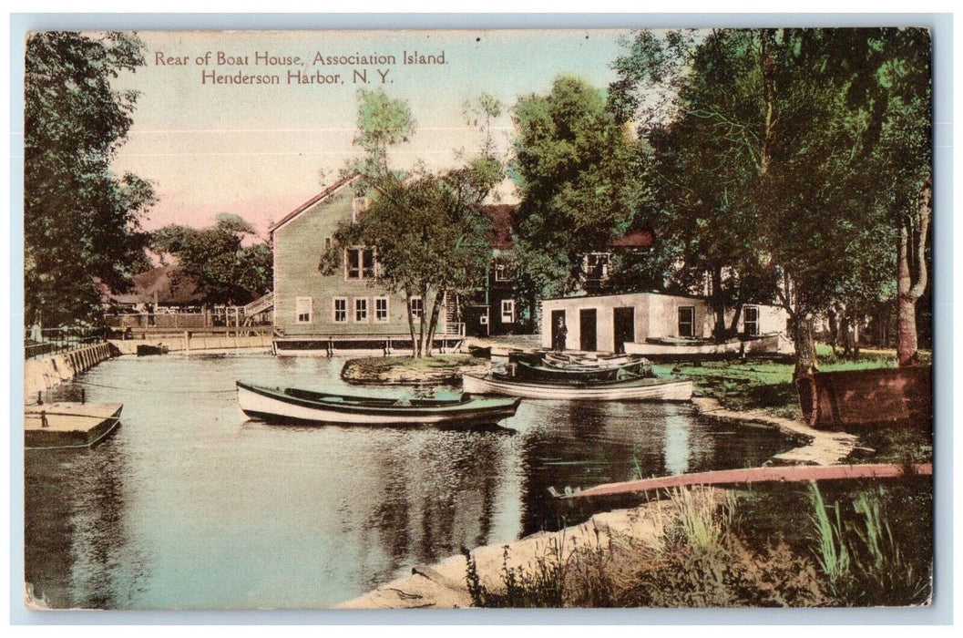 1918 Rear of Boat House Association Island Henderson Harbor NY Postcard