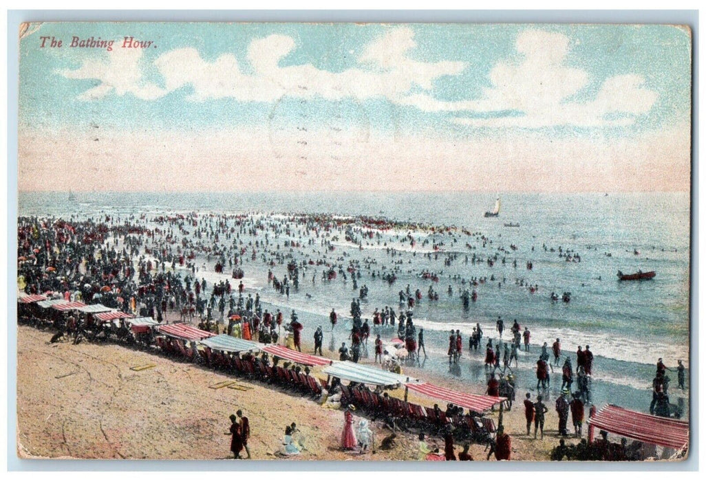 1909 The Bathing Hour Beach Crowded People Ocean City New Jersey NJ Postcard