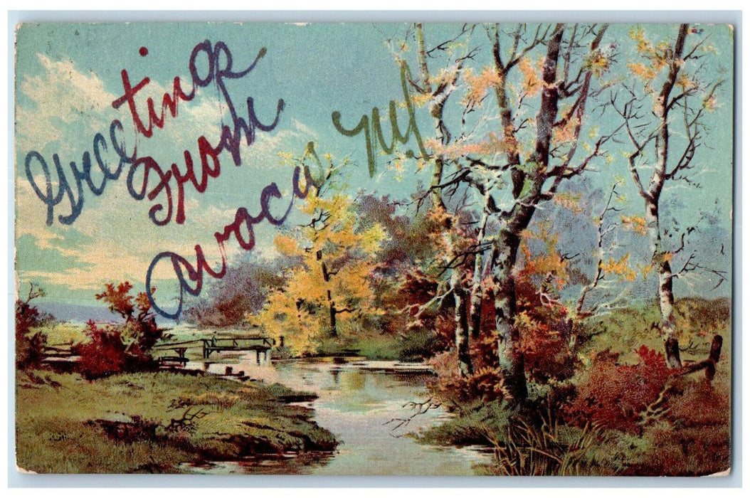 1911 River Painting Greetings from Avoca New York NY Antique Postcard