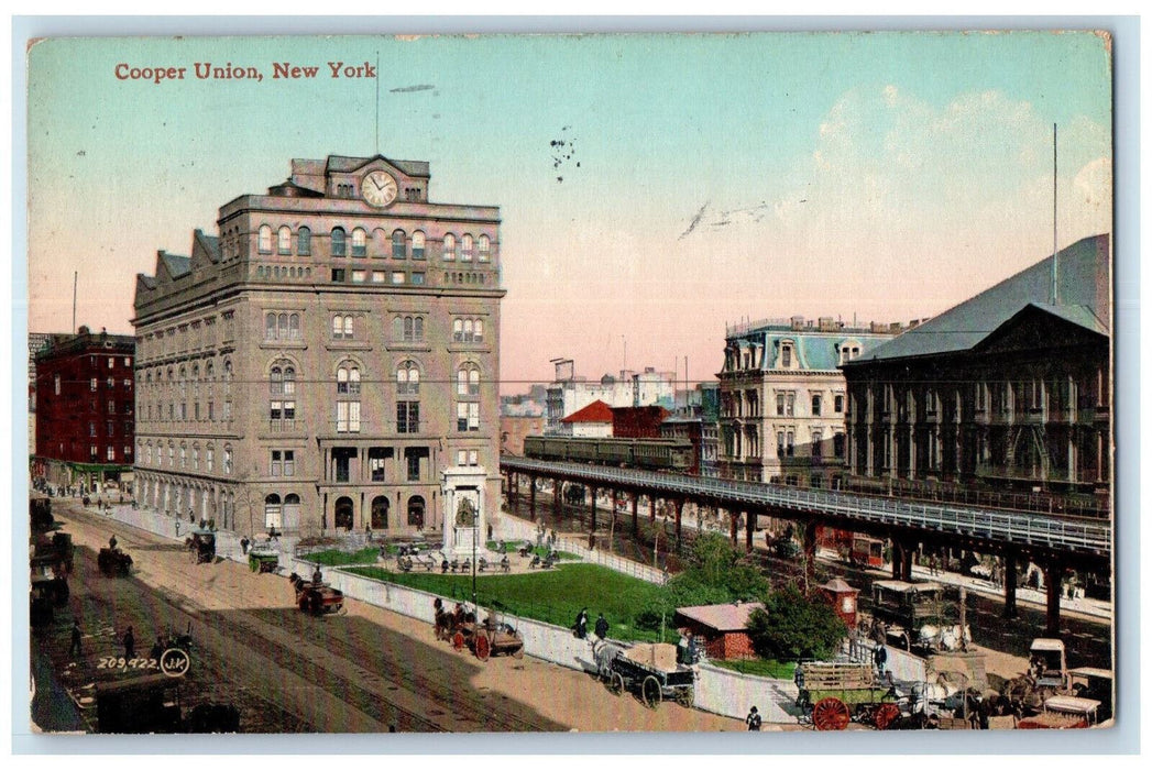 1911 Tower Clock Horse Carriage Railway Train Cooper Union New York NY Postcard