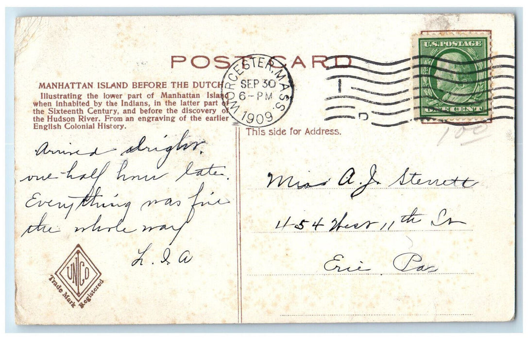 1909 Manhattan Island Before The Dutch New York NY Posted UNCO Postcard