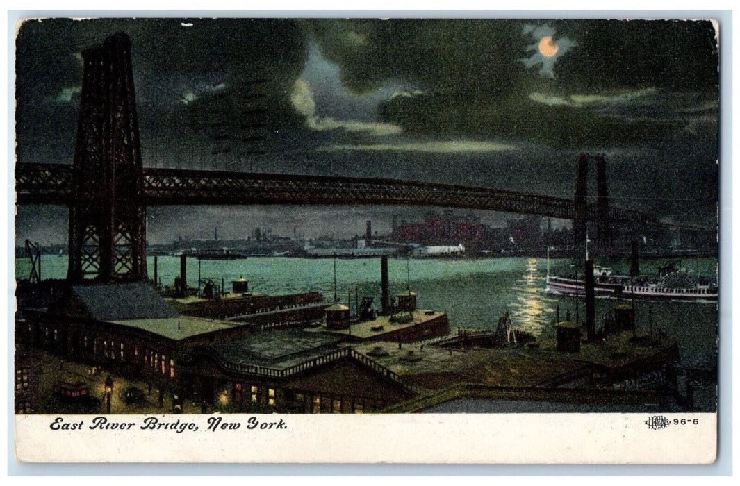 1909 Steamer East River Bridge at Moonlight New York NY Posted Antique Postcard