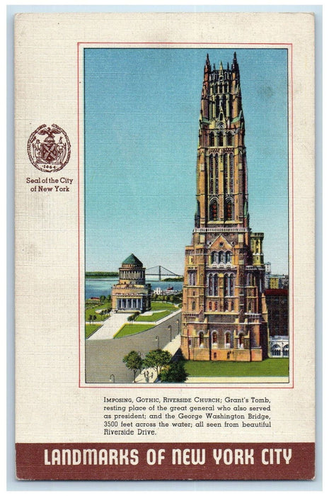 1948 Seal of City of New York Riverside Church Grant's Tomb NY Postcard
