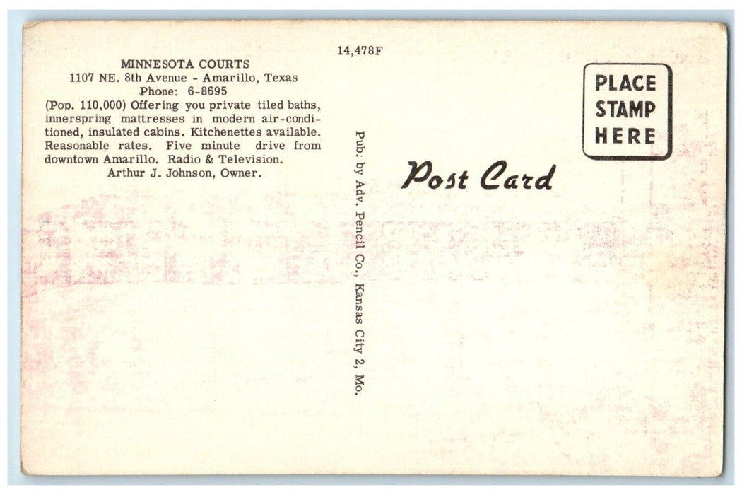 c1960's Minnesota Courts Motel East Amarillo Texas TX Unposted Vintage Postcard