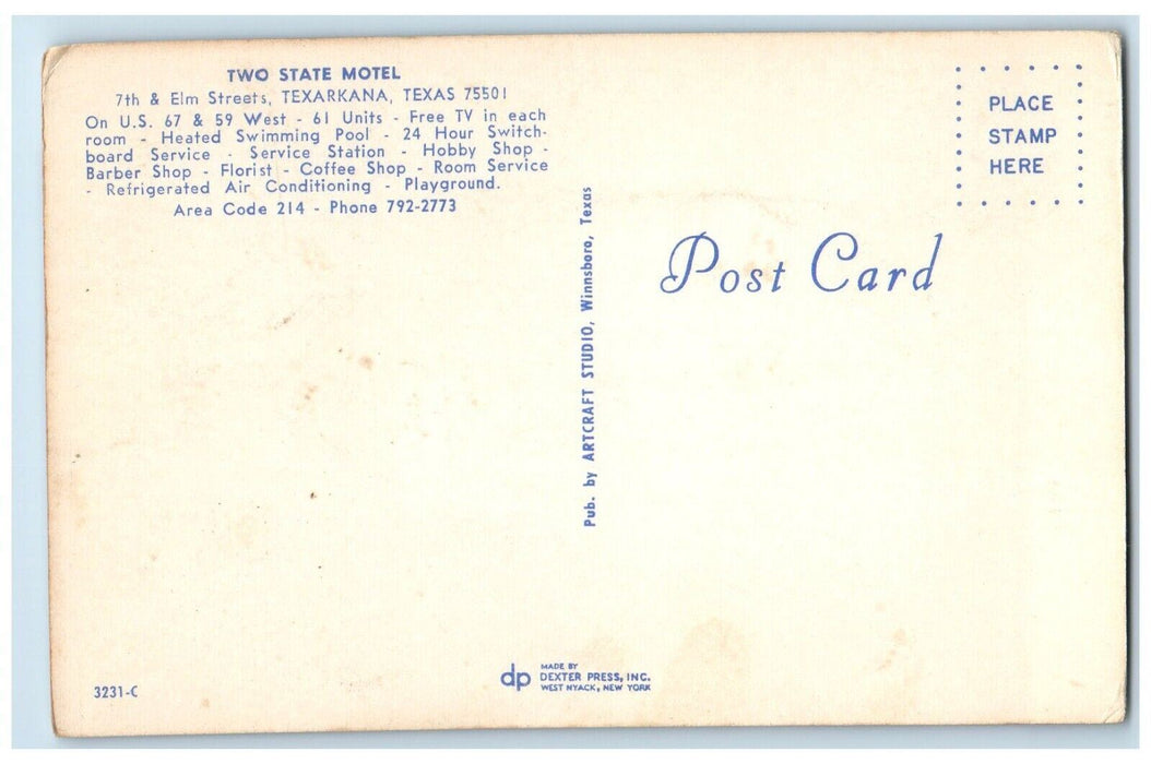 c1960's Two State Hotel Swimming Pool Fountain Texarkana Texas TX Postcard