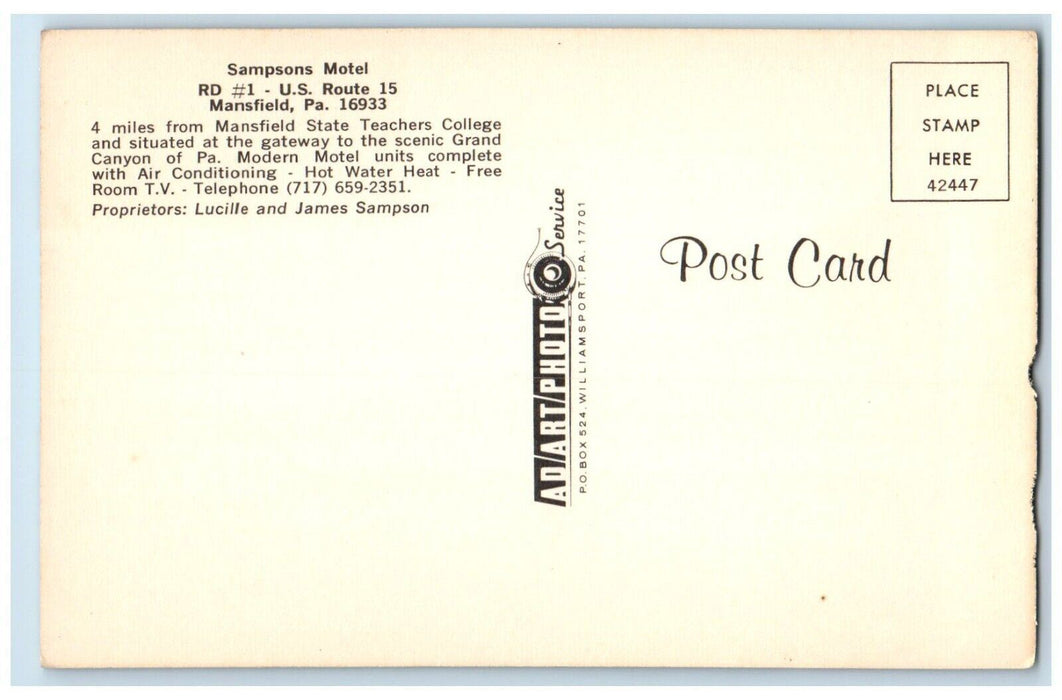 c1950's Sampson Motel Cars Room View Mansfield Pennsylvania PA Vintage Postcard