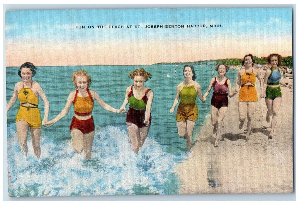 c1960's Fun At The Beach At St. Joseph Benton Harbor Michigan MI, Girls Postcard