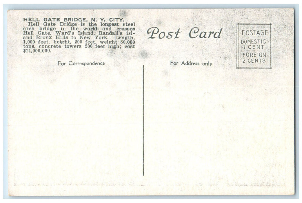c1920's Steamer Boat Hell Gate Bridge New York NY Unposted Postcard