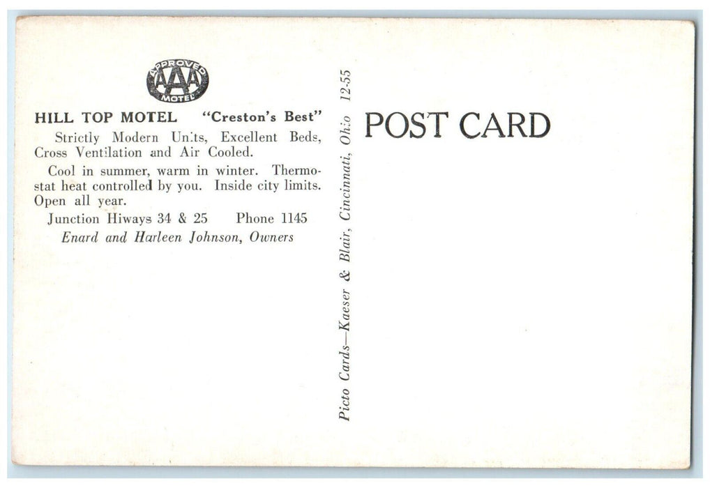 Hill Top Motel Dirt Road Driveway Creston Iowa IA Unposted Vintage Postcard