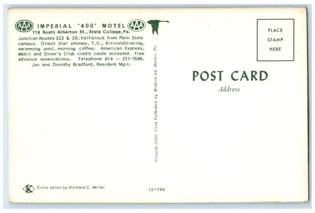 c1950's Imperial 400 Motel Roadside Cars State College Pennsylvania PA Postcard