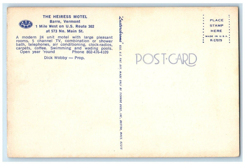 c1950's The Heiress Motel Pool Roadside Barre Vermont VT Vintage Postcard