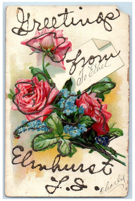 c1910's Greetings From Elmhurst Long Island Flowers Glitter New York NY Postcard