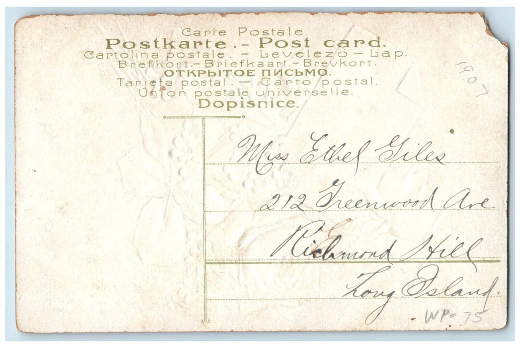 c1910's Greetings From Elmhurst Long Island Flowers Glitter New York NY Postcard