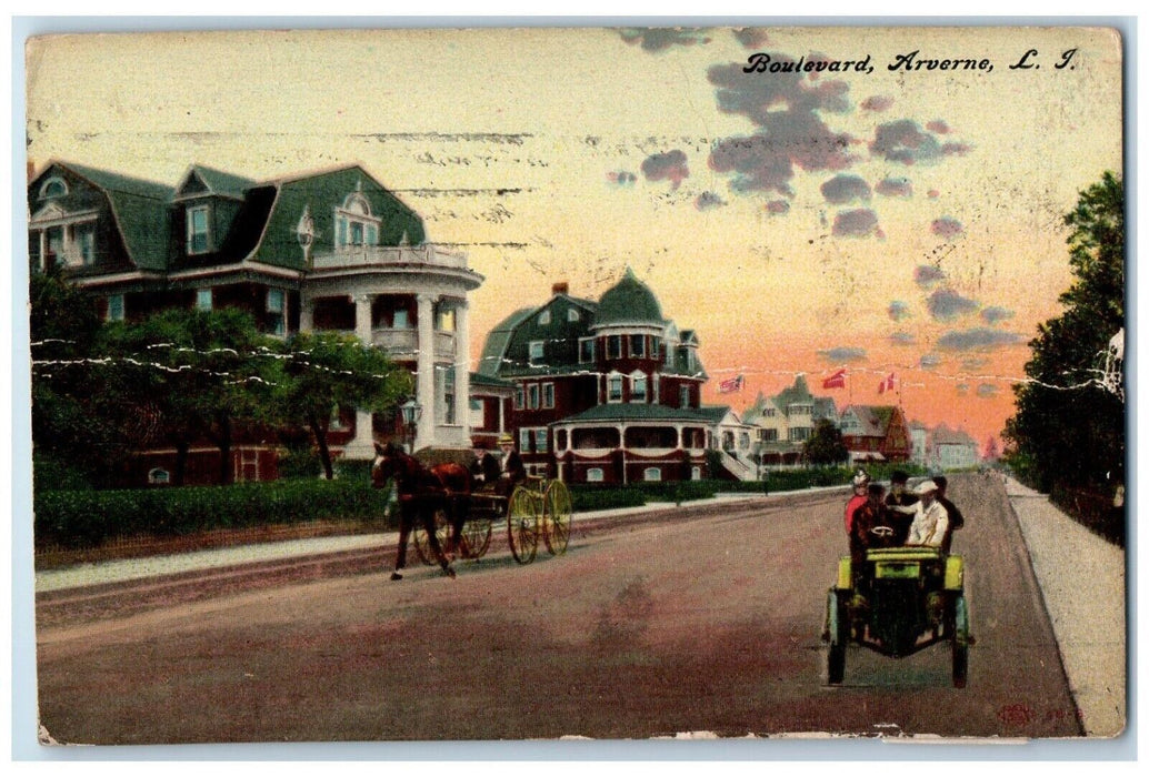 1910 Boulevard Horse Carriage Car Arverne Long Island New York NY Postcard
