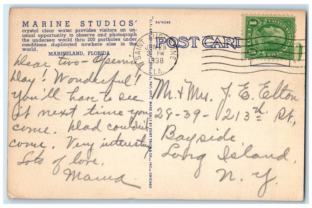 1938 Marineland St. Augustine Florida FL, Home Of Marine Studios Posted Postcard