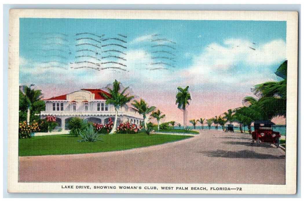 1938 Lake Drive Showing Woman's Club Cars West Palm Beach Florida FL Postcard