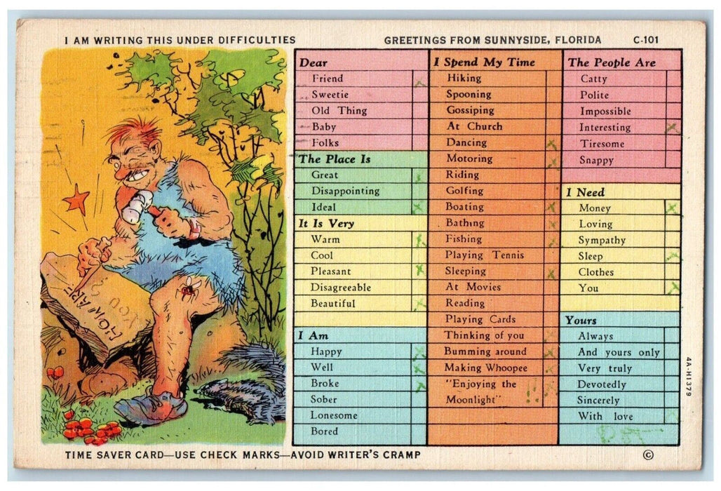 1945 Greetings From Sunnyside Florida FL, Corresponding Checklist Postcard
